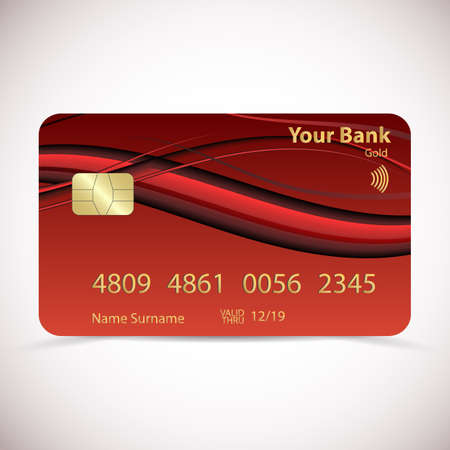 Realistic detailed gold credit card with flowing abstract geometric red design, isolated on white background. Vector illustrationのイラスト素材