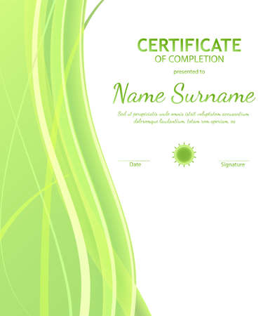 Certificate of completion template with dynamic green and white soft wavy background. Curved lines in elegant smooth style. Vector illustrationのイラスト素材