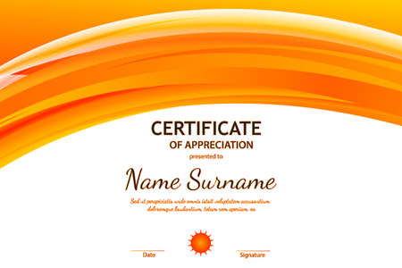 Certificate of appreciation template with orange dynamic wavy light background. Vector illustrationのイラスト素材
