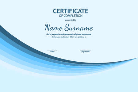 Certificate of completion template with blue futuristic light wavy background.のイラスト素材