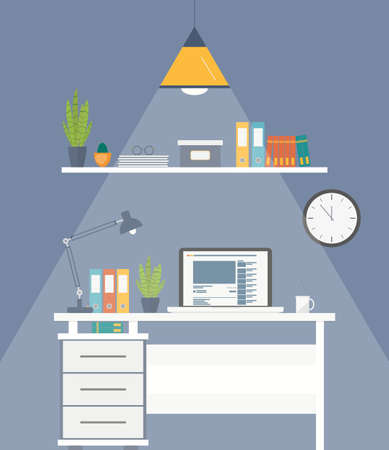 Flat design interior concept of work place with laptop, lamp, to do list, working programs on monitor, organizer, shelf, books, and cup of coffee on blue wall background with the light onのイラスト素材