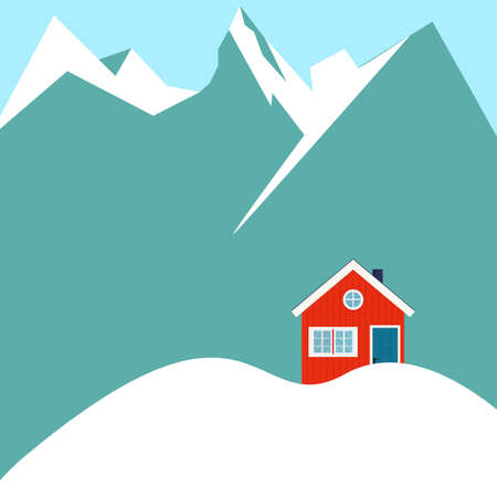Winter snowy landscape with mountains and country house. Flat cartoon style vector illustration.のイラスト素材