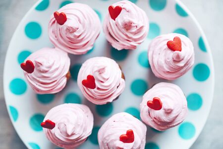Delicious pink Cupcakes with Hearts top viewの写真素材