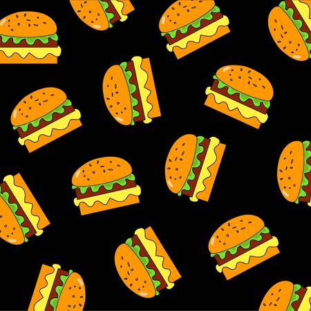 Hamburgers pattern on the black background. Vector illustrationのイラスト素材
