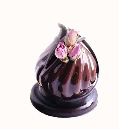 Chocolate dessert with dried roses and chocolate decoration on white background cutの写真素材