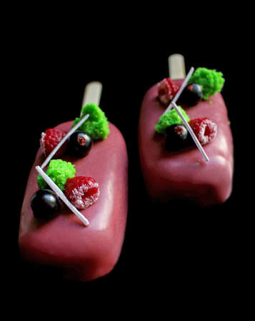Pink glazed berry gelato ice cream on stick with raspberry, pistachio sponge and black currantsの写真素材