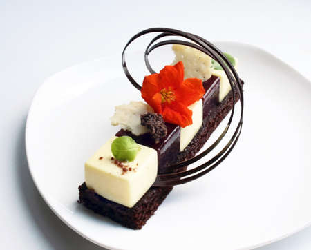 Black and white restaurant style dessert on brownie base with edible flowerの写真素材