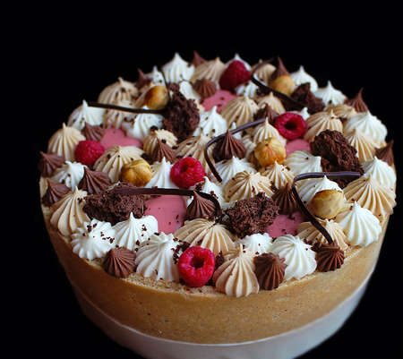 Berries and cream sponge cake with whipped ganache, chocolate and mousse toppingの写真素材