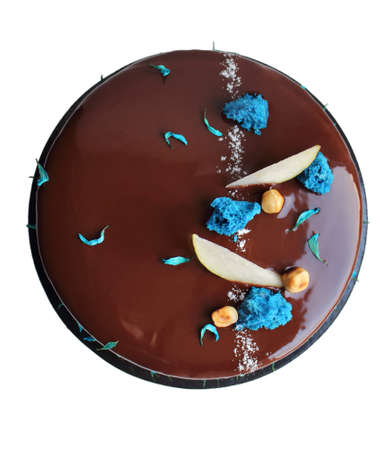 Chocolate cake with hazentuts and blue spongeの写真素材