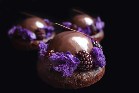 Shiny glazed chocolate and blackberry desserts with purple microwave sponge and fresh berries on black backgroundの写真素材