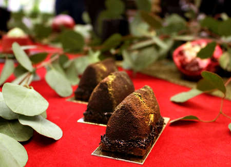 Chocolate gold nugget textured dessert on red carpet wedding dessert table with green leaves plant and pomegranatesの写真素材