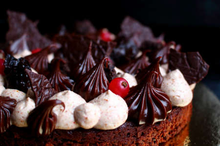 Chocolate brownie cake with coffee cream, ganache, prunes and red currantsの写真素材
