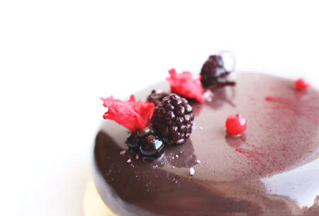 Chocolate cake with berries on white backgroundの写真素材
