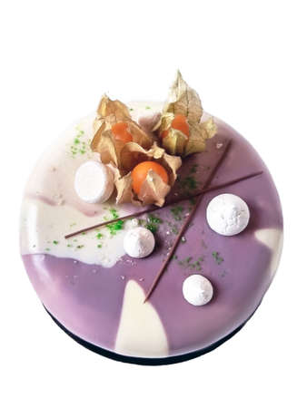 Purple cake with meringues and physalis berriesの写真素材