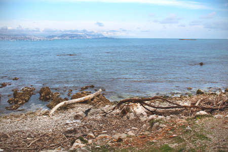Seashore view on blue sky and sea with drift wood and rocks backgroundの写真素材