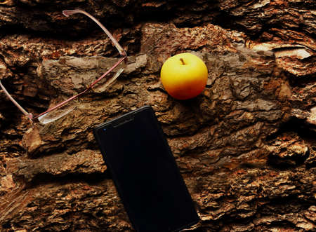 Yellow apple, glasses and black cellphone flat lay on tree bark piecesの写真素材