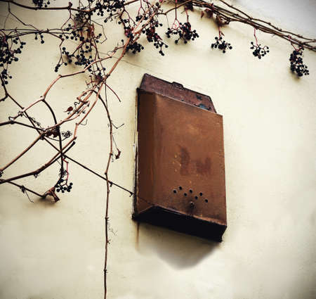 Old metal post box with russian writing for mail hanging on white plaster dirty wall with leafless...