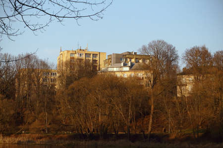 Leafless trees with houses on bank of city river in spring