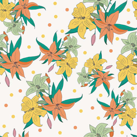 Yellow and orange lilies bouquet with polka dot seamless repeated pattern on white backgroundの写真素材