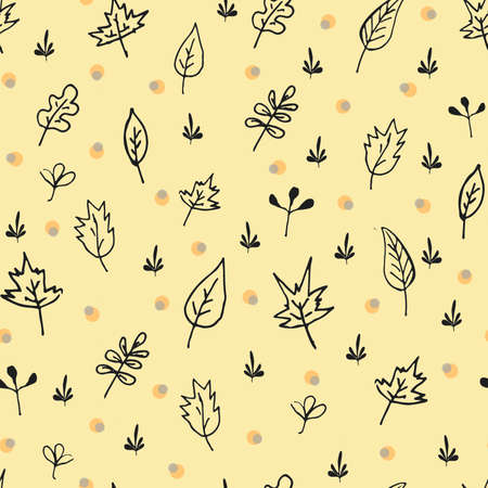 Autumn line art leaves on yellow background seamless repeated patternの写真素材