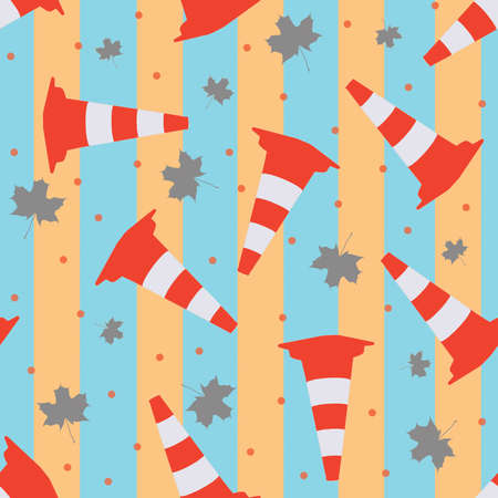 Road cones on orange and blue lined background with maple leaves and dots seamless repeated patternの写真素材