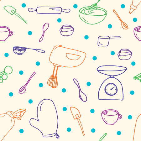Baking tools equipment colorful line art doodles seamless pattern on cream backgroundの写真素材