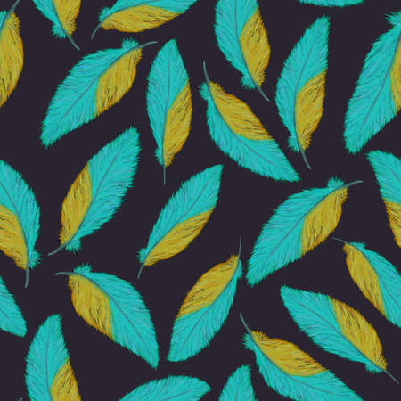 Blue and yellow watercolor feather seamless patternの写真素材