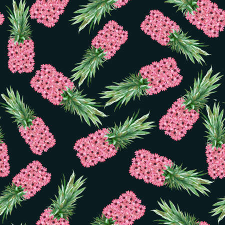 Floral pink pineapple seamless pattern on black backgroundの写真素材
