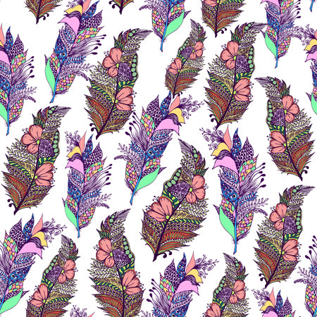 Colorful boho hand drawn line art zentangle feathers on white background seamless patternの写真素材