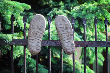 Two sneakers hanging on iron fence on green plant backgroundの写真素材