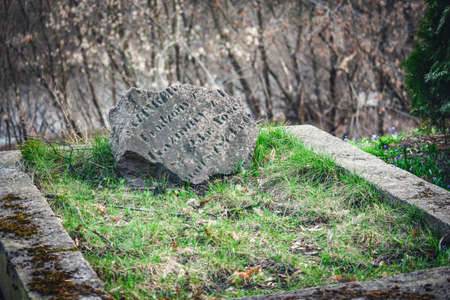 Broken gray grave stone withe letters on grass and leafless hedge backgroundの写真素材