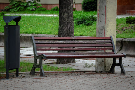 Brown wooden bench with a decorative ornate metal legs standing in a park with green lawn near a black trash binの写真素材