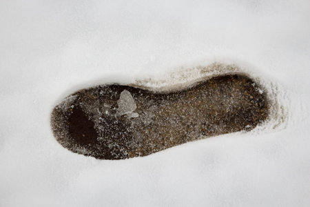 Big footprint in fresh wet white snow showing transparent dark ice and some frozen grass under it