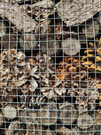 Pinecones and wood pieces behind a metal wire fence backdropの写真素材