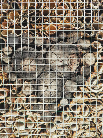 Wood pieces behind a metal wire fence backdropの写真素材