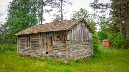 Ancient wooden hut surrounded by greenery in Finland on summer dayの写真素材