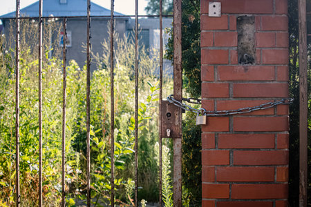 Rusty old lock hangs on a chain at the gate on a red brick post on abandoned territory with greeneryの写真素材