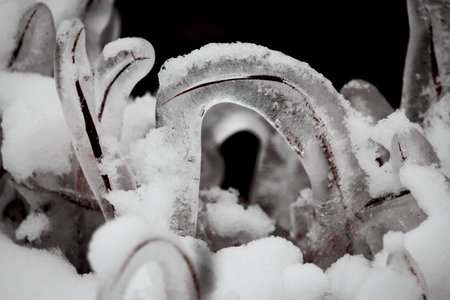 Ice covered grass curved over the ground with frozen thick layer of ice surrounded by snow with visible ice texture insideの写真素材