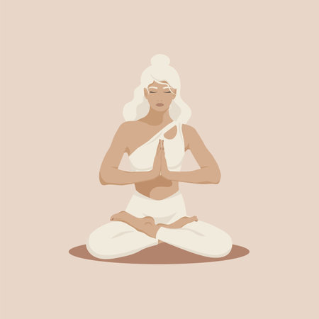 Woman meditating in lotus position. Vector illustration in flat styleのイラスト素材