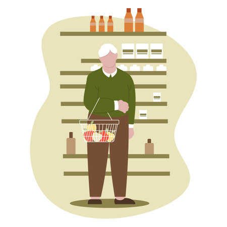 Elderly man with shopping basket in supermarket. Flat style vector illustration. Flat illustration with old man shopping.のイラスト素材