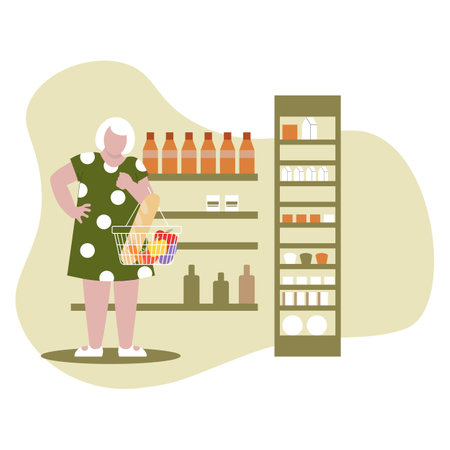 Elderly woman shopping in the supermarket. Flat style vector illustration. Flat icon with woman shopping for food isolated vector illustrationのイラスト素材