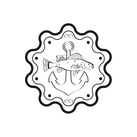 Fish and hook on a white background. Vector illustration in sketch style. Fish restaurant vector illustration. fishing sticker.のイラスト素材