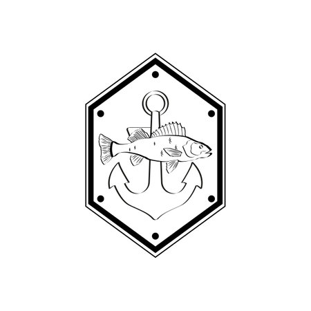 Fishing logo template. Vector illustration of a fishing hook and fish. Fishing club sticker.のイラスト素材