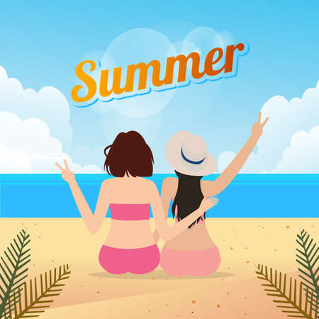 two young women sitting together on a sandy beach travel lifestyle outdoor summerのイラスト素材