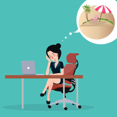 Girl dreaming about vacation. Sitting in the office at the workplace dream about holidaysのイラスト素材