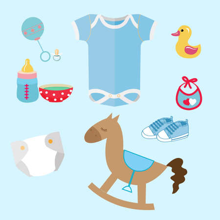 baby stuff and toys icon set collection romper suit, cute toy, pacifier, dummy, baby s bootiesのイラスト素材