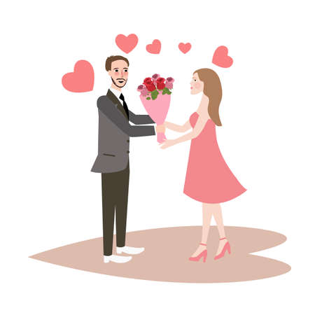 man give bouquet of flowers to girl fall in love coupleのイラスト素材