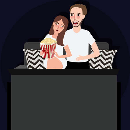 couple watching movie together scared while eat pop cornのイラスト素材