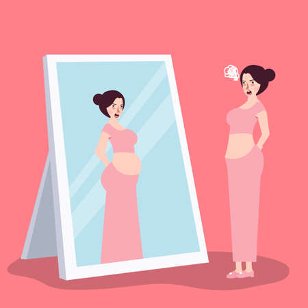 girl feeling fat over-weight when looking at mirrorのイラスト素材