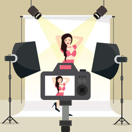 photo session in studio girl shoot behind camera equipment strobe background lighting vectorのイラスト素材
